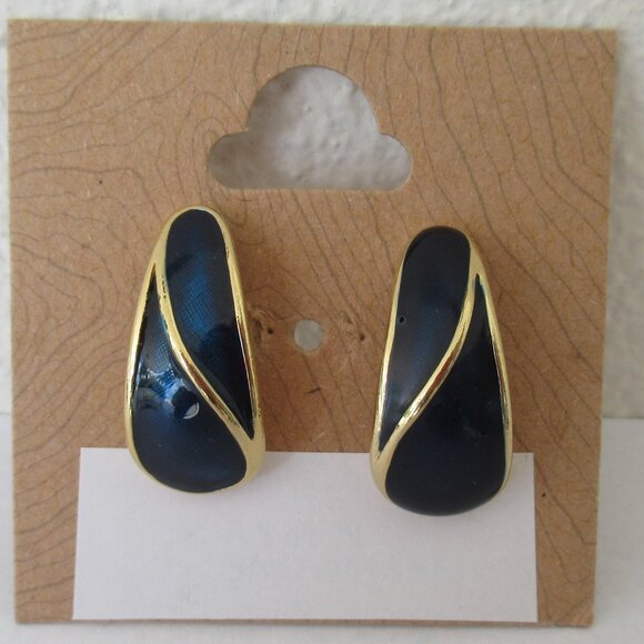 TRIFARI set of Stud Pierced Earrings, Navy and Gold 1" High - Picture 1 of 6